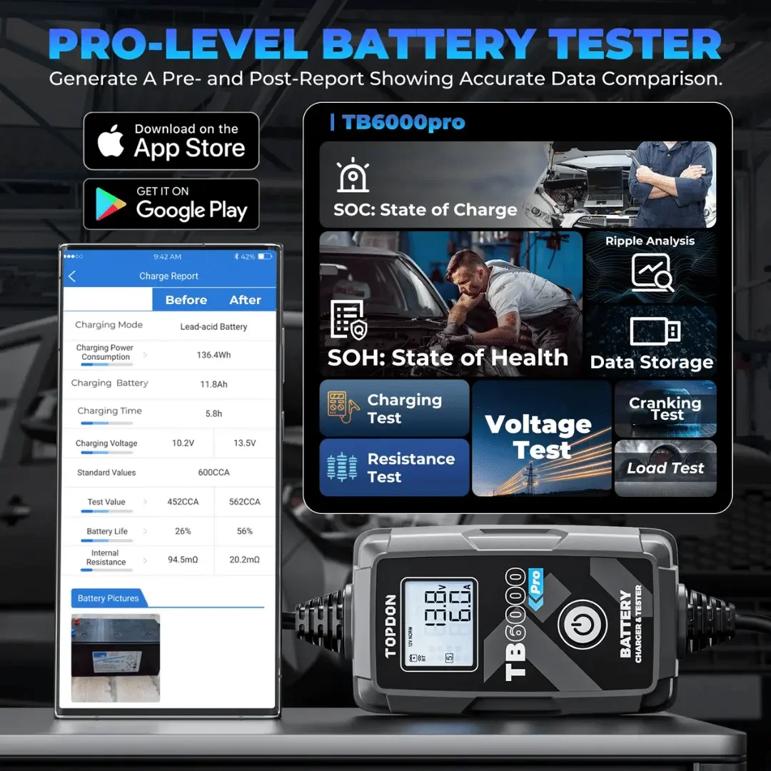 Topdon USA TB6000Pro 2-IN-1 Smart Car Battery Charger & Tester - Image 3